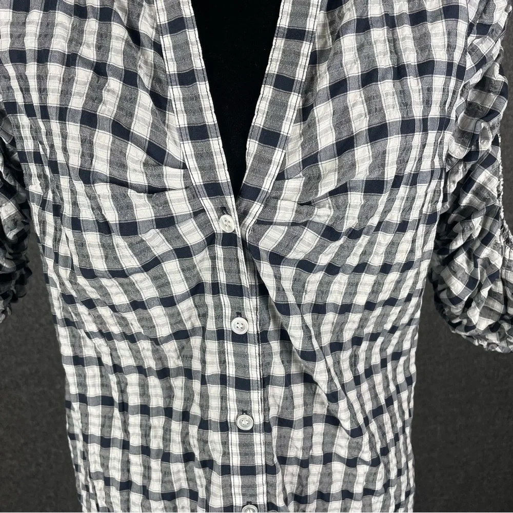 Veronica Beard Navy and White Plaid Ruched -Sleeve Blouse